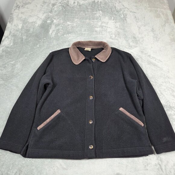 Vintage LL Bean Jacket Womens Large Black Fleece Cord Trim Barn Chore Shacket 90 - Picture 1 of 8